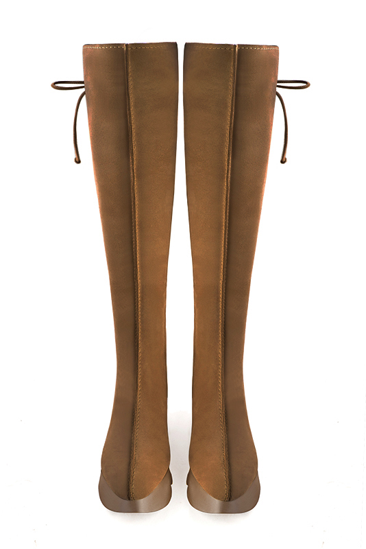 Caramel brown women's knee-high boots, with laces at the back. Round toe. Low rubber soles. Made to measure. Top view - Florence KOOIJMAN